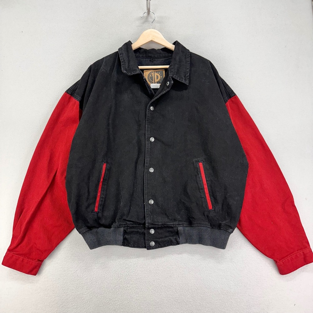 VTG 90s Trucker Jacket Mens XL Black/Red Denim Independent Freightliner Patch